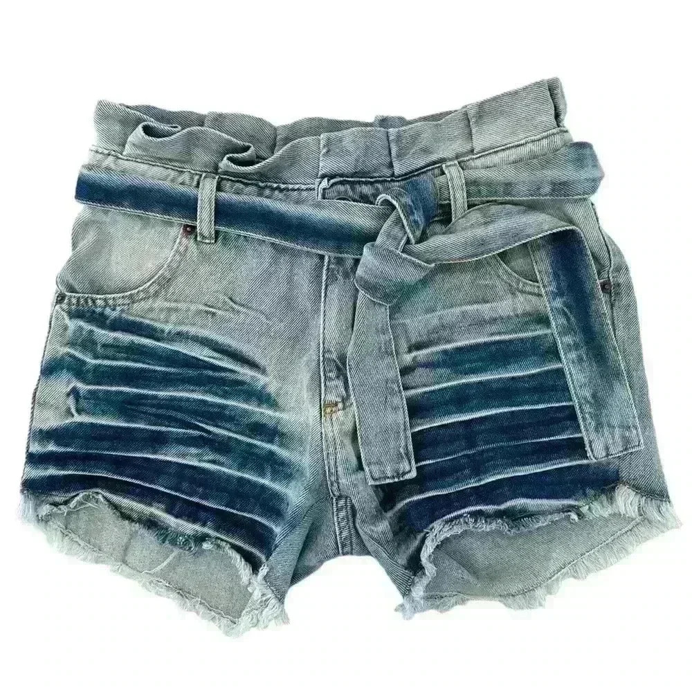 MC 1975 NWOT HIGH-WAIST Denim Belted Paper Bag Style Shorts Size 40/8